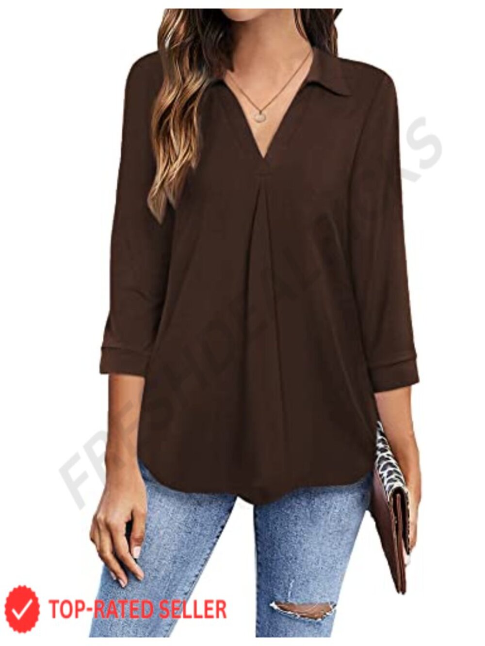 Womens 3/4 Sleeve V-Neck Pleated Blouse Business Casual Top